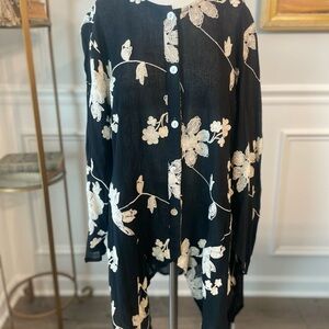 Black Button-Up w/ Cream Floral Embroidery Lounge Set